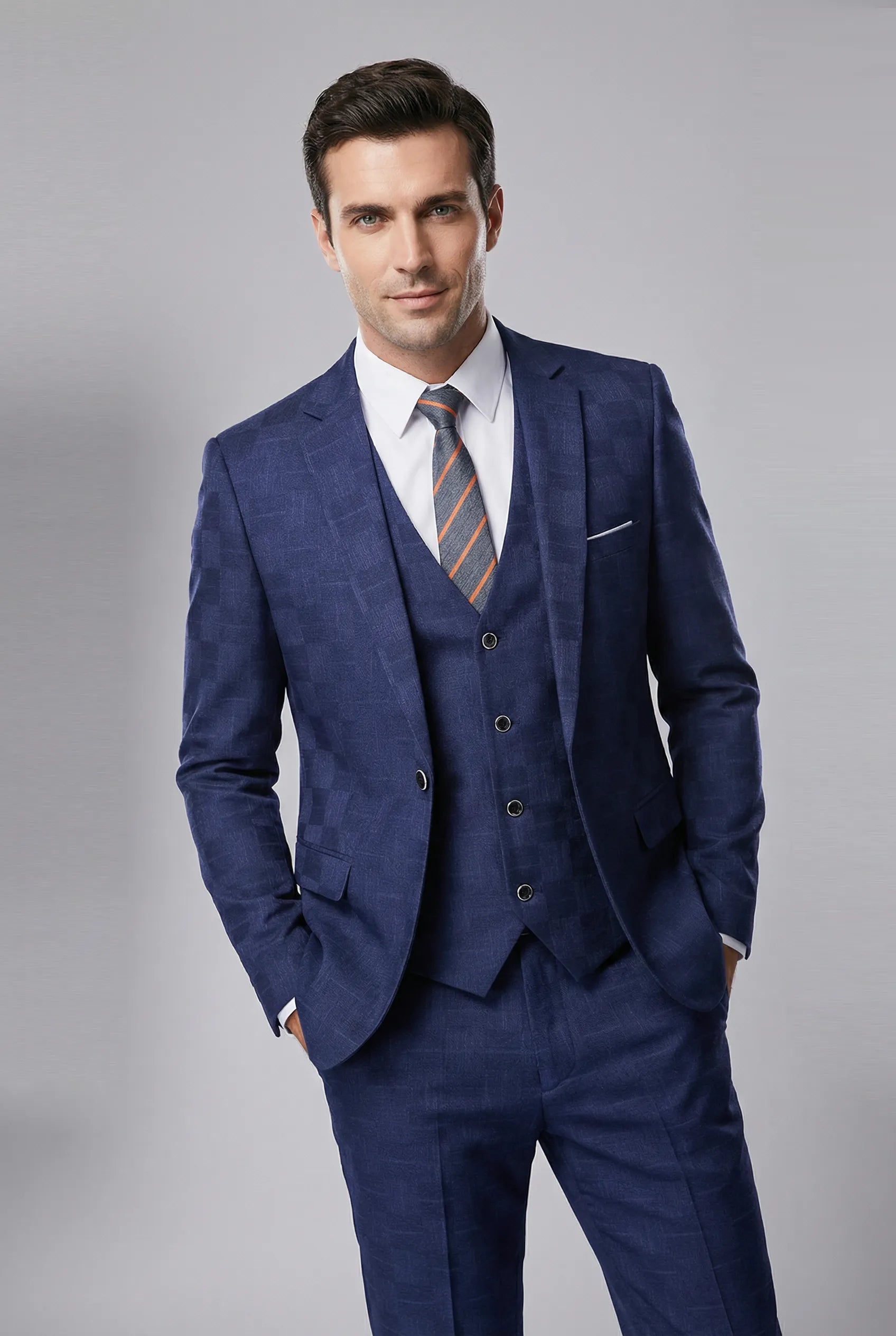 Full front view of Sapphire Canvas royal blue 3-piece suit with high-definition geometric jacquard pattern - Nevo Suits