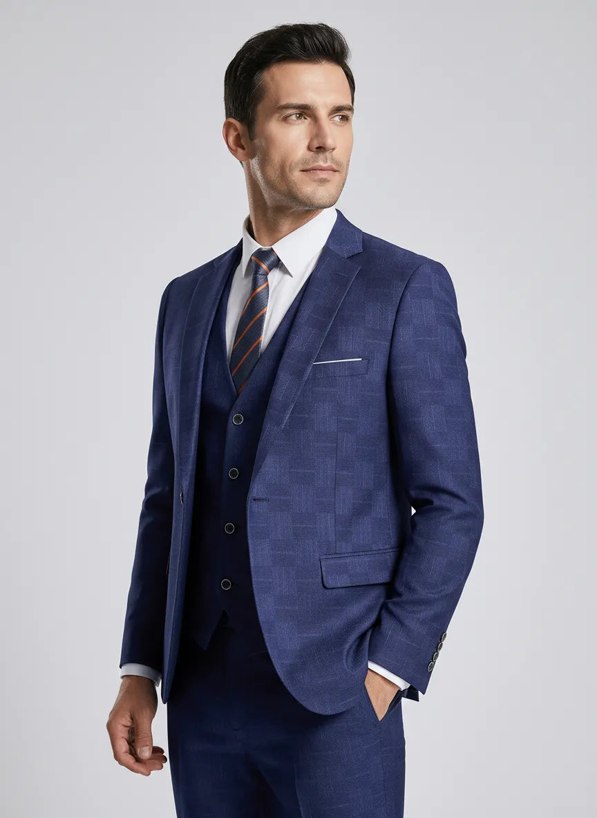Full front view of Sapphire Canvas royal blue 3-piece suit with high-definition geometric jacquard pattern - Nevo Suits