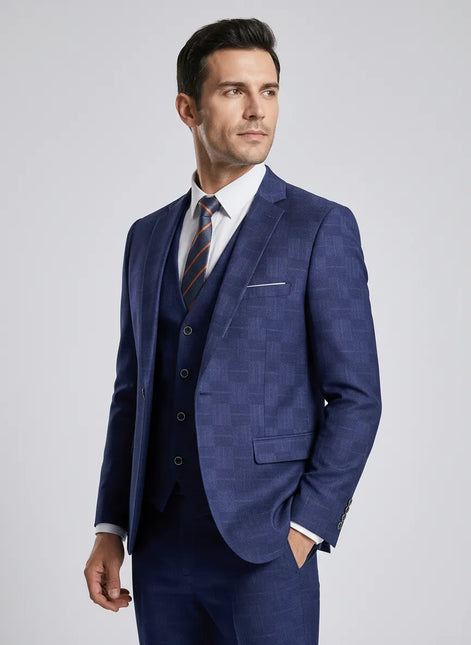 Full front view of Sapphire Canvas royal blue 3-piece suit with high-definition geometric jacquard pattern - Nevo Suits
