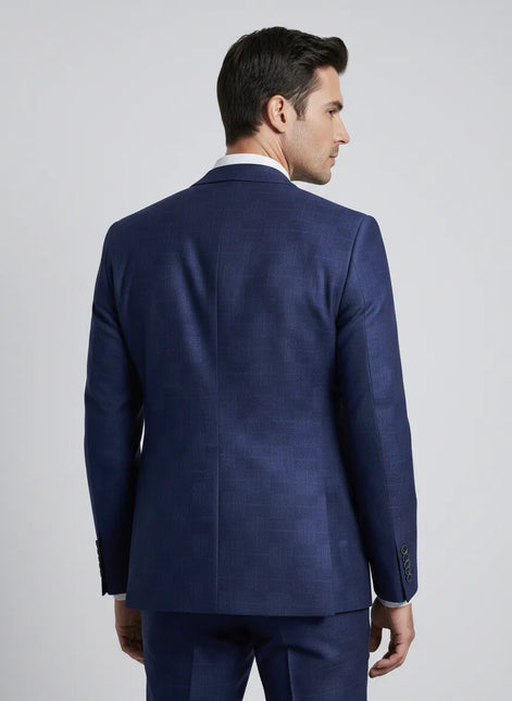 Full front view of Sapphire Canvas royal blue 3-piece suit with high-definition geometric jacquard pattern - Nevo Suits