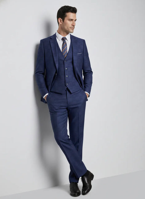 Full front view of Sapphire Canvas royal blue 3-piece suit with high-definition geometric jacquard pattern - Nevo Suits