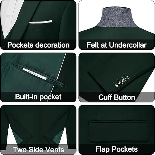 Men's Stylish Dark Green 3-Piece Suit One Button Closure Notched Lapel