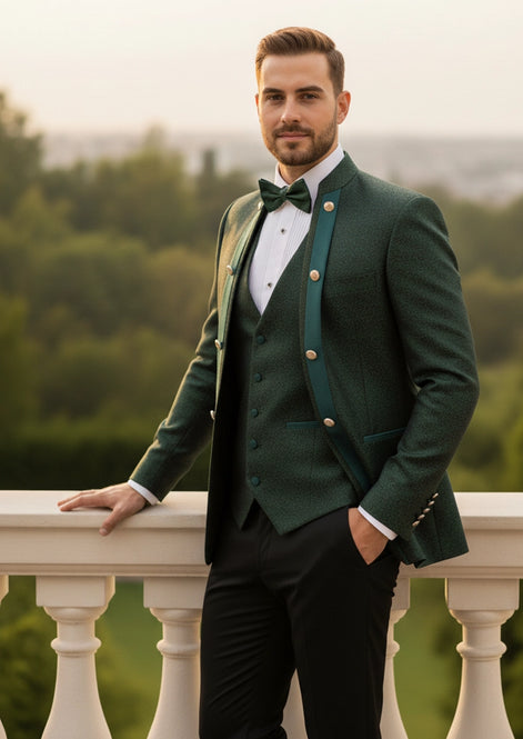 The Imperial Mandarin - Emerald Green Paisley Mandarin Collar Suit 3-Piece Set | Vintage Style | Nevo Suits