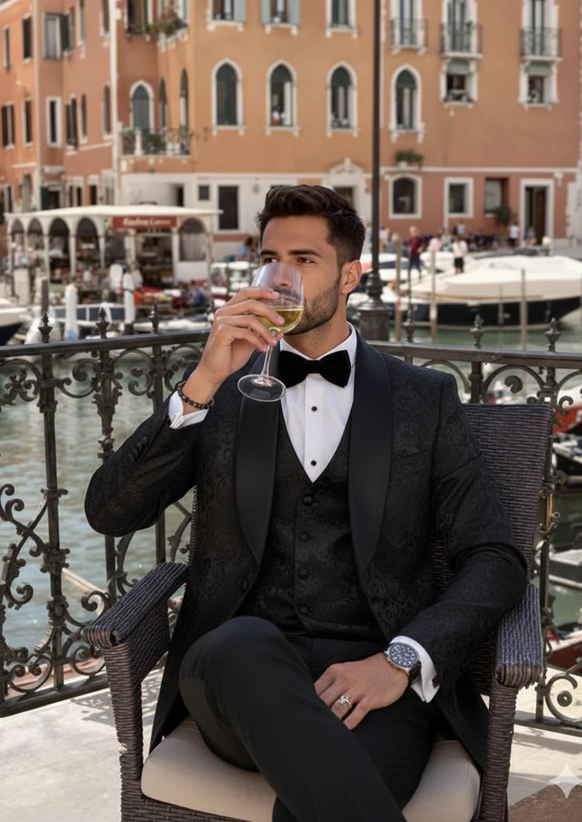 Men’s Luxury Jacquard Notched Lapel Tuxedo 3-piece Suit