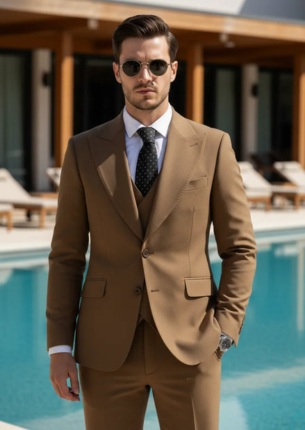 Men’s Classic Brown 3-Piece Barge Collar Suit