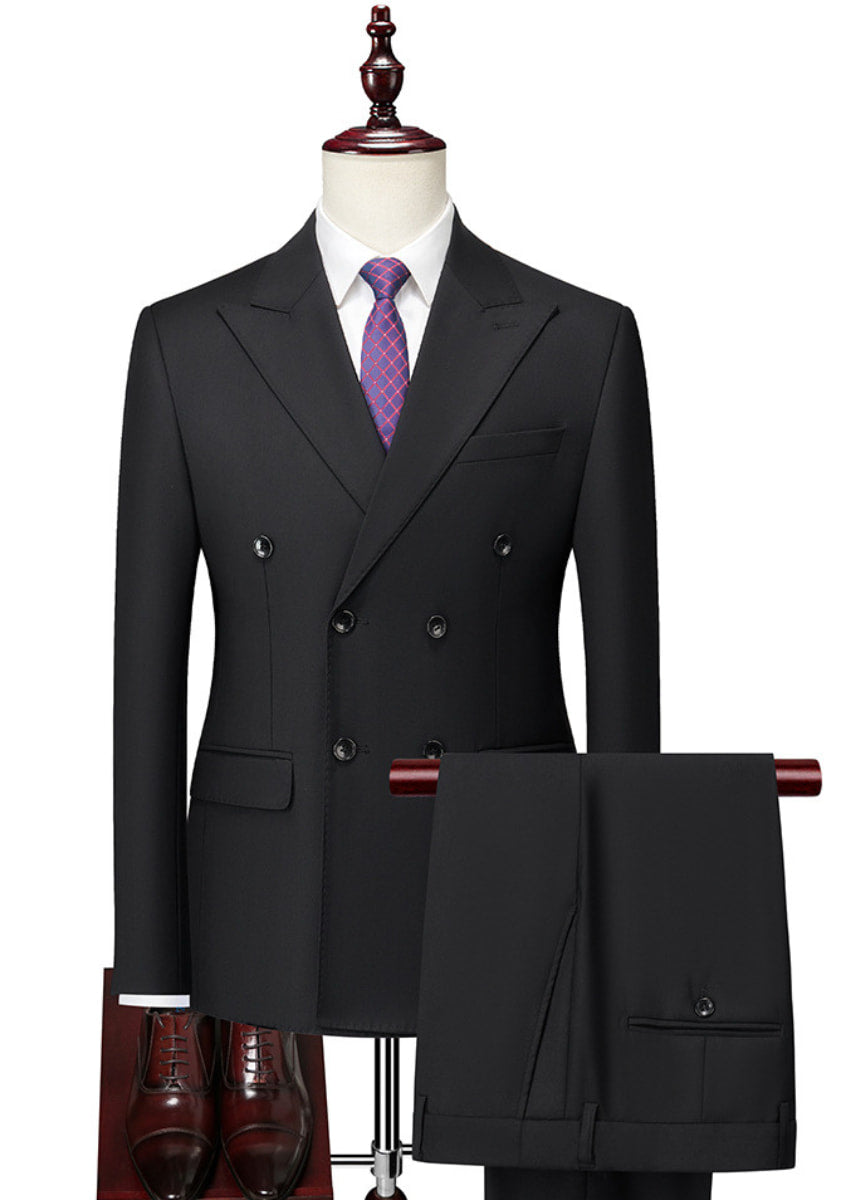 Black suit with a purple tie on a mannequin against a white background