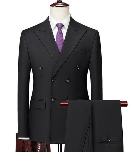 Black suit with a purple tie on a mannequin against a white background