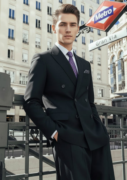 Front view - Black Double Breasted Slim Fit Suit - Nevo Suits