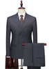 Gray double-breasted suit on a mannequin with a white shirt and brown tie.