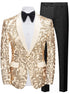 Gold paisley tuxedo jacket with black bow tie and black pants on a white background