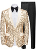 Gold paisley tuxedo jacket with black bow tie and black pants on a white background