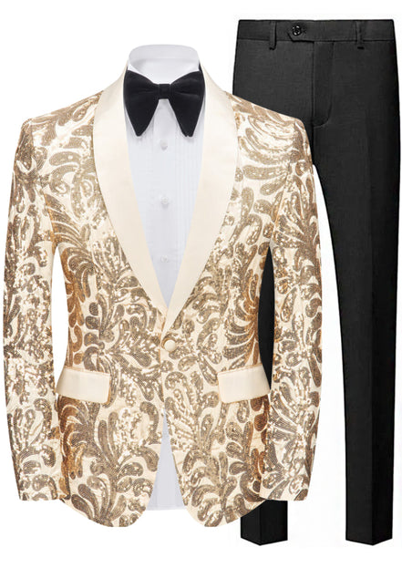 Gold paisley tuxedo jacket with black bow tie and black pants on a white background