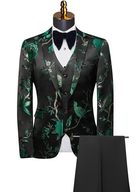 Floral-patterned suit jacket, vest, and pants on a mannequin with a white background