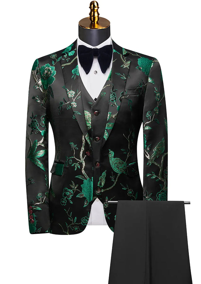 Floral-patterned suit jacket, vest, and pants on a mannequin with a white background