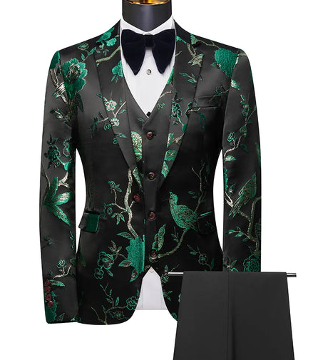 Floral-patterned suit jacket, vest, and pants on a mannequin with a white background