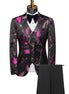 Floral-patterned suit jacket with matching vest and pants on a mannequin against a white background.