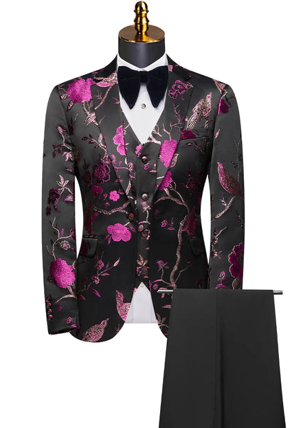 Floral-patterned suit jacket with matching vest and pants on a mannequin against a white background.