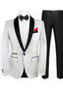 White tuxedo jacket with black lapels and pants on a white background