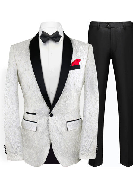 White tuxedo jacket with black lapels and pants on a white background