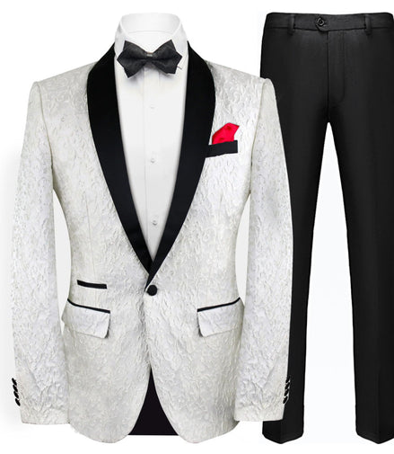 White tuxedo jacket with black lapels and pants on a white background