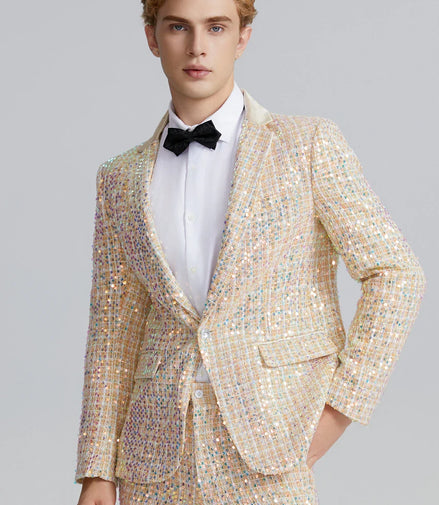 Men’s 2-Piece Linen Sparkle Gridline Champagne Suit