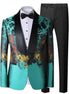 Teal floral blazer with black lapels and matching pants on a white background