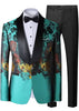 Teal floral blazer with black lapels and matching pants on a white background