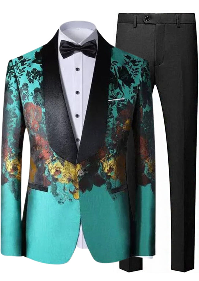 Teal floral blazer with black lapels and matching pants on a white background