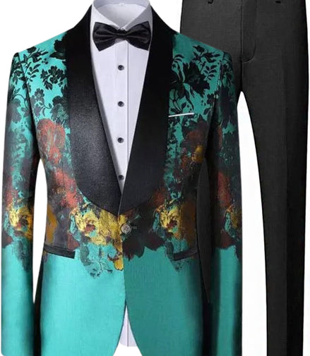 Teal floral blazer with black lapels and matching pants on a white background