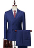 Blue suit on a mannequin with a white shirt and red tie against a white background