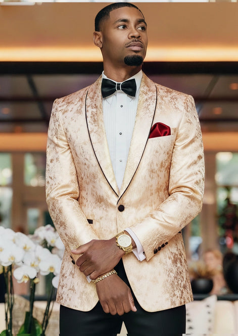 Man wearing The Gilded Mirage champagne gold jacquard dinner jacket for prom - Nevo Suits |