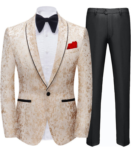 Beige tuxedo jacket with black lapels, white shirt, black bow tie, and red pocket square, paired with black pants on a white background.