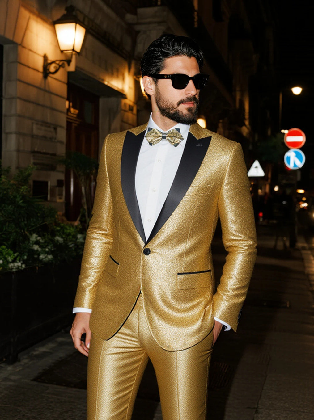 Man wearing a gold suit with black lapels on a city street at night.