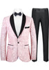 Pink tuxedo jacket with black lapels and pants on a white background