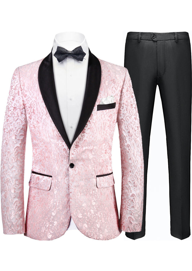 Pink tuxedo jacket with black lapels and pants on a white background