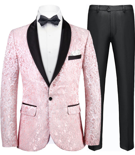 Pink tuxedo jacket with black lapels and pants on a white background