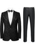 Black patterned tuxedo jacket and pants on a white background