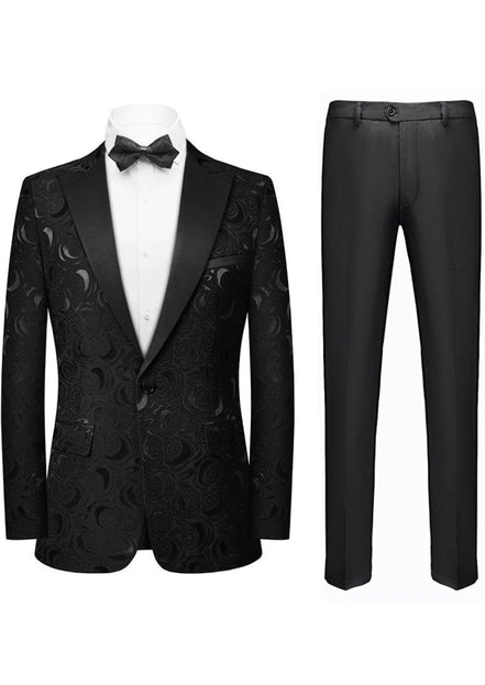 Black patterned tuxedo jacket and pants on a white background