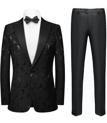 Black patterned tuxedo jacket and pants on a white background