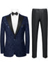 Navy patterned suit jacket with black lapels and matching pants on a white background