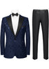 Navy patterned suit jacket with black lapels and matching pants on a white background
