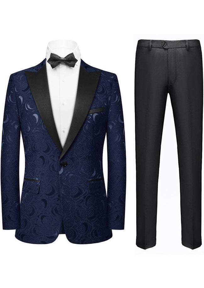 Navy patterned suit jacket with black lapels and matching pants on a white background