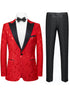 Red patterned suit jacket with black lapels and pants on a white background