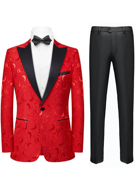 Red patterned suit jacket with black lapels and pants on a white background