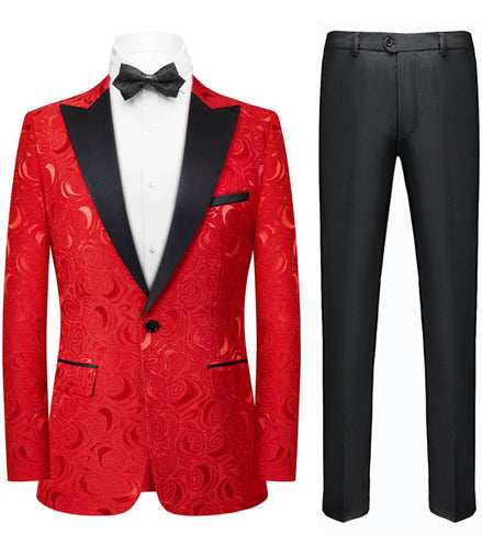 Red patterned suit jacket with black lapels and pants on a white background