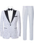 White tuxedo with black lapels and bow tie on a white background