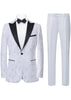 White tuxedo with black lapels and bow tie on a white background