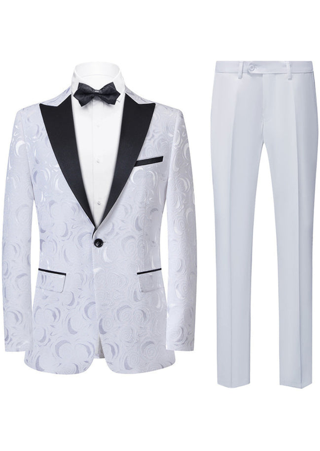 White tuxedo with black lapels and bow tie on a white background