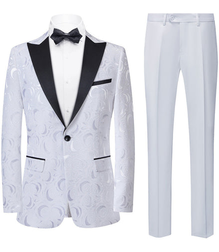 White tuxedo with black lapels and bow tie on a white background