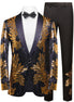 Gold and black sequin tuxedo with bow tie on a white background